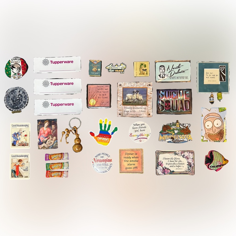 Vintage Refrigerator Magnets Lot Of 19–Tupperware, Destination, Quote, Food, Art